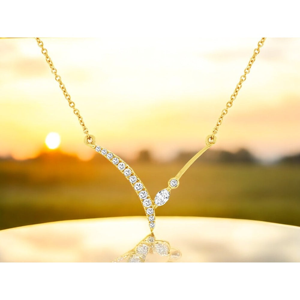 14K Yellow Gold Asymmetric Curved Diamond Pendant Necklace with Round Prong-Set Diamonds - 0.20 Carat Total Diamond Weight - Royal Jewelry