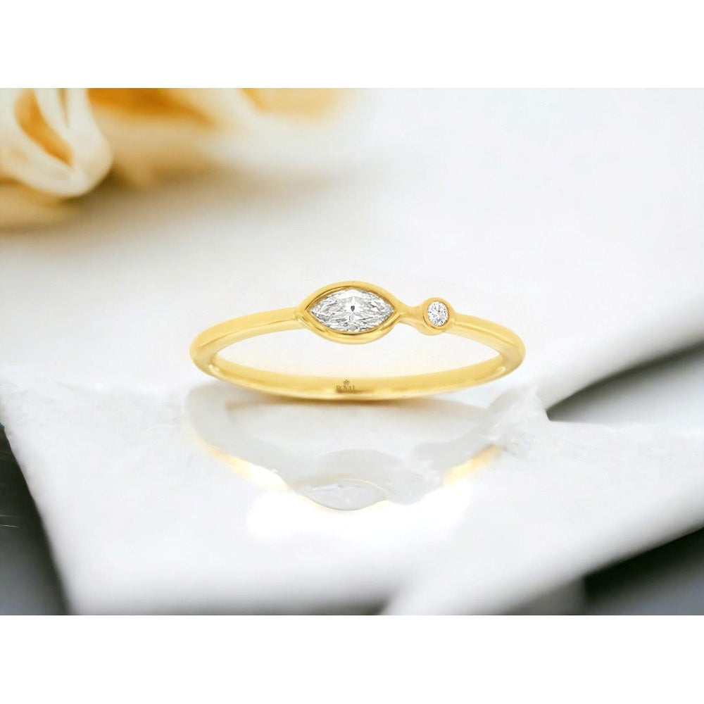 14K Yellow Gold Asymmetric Ring with Bezel-Set Marquise and Round Diamonds - 0.17 Carat Total Diamond Weight - Royal Jewelry