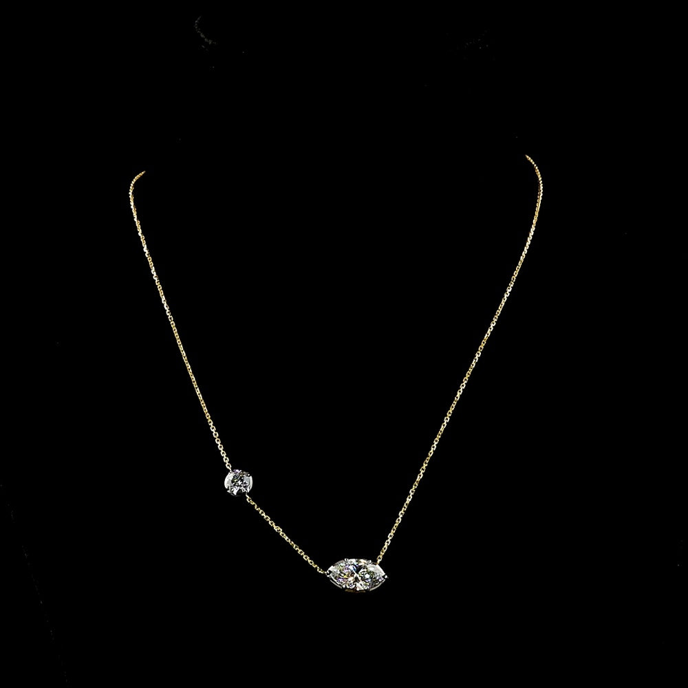 14K Yellow Gold Asymmetric Station Pendant with 2.80 Carats Marquise Cut Lab Diamond (F VVS2) with Black Rhodium Prongs and 0.74 Carats Brilliant Cut Lab Diamond Accent - Covaloro Fine Jewelry