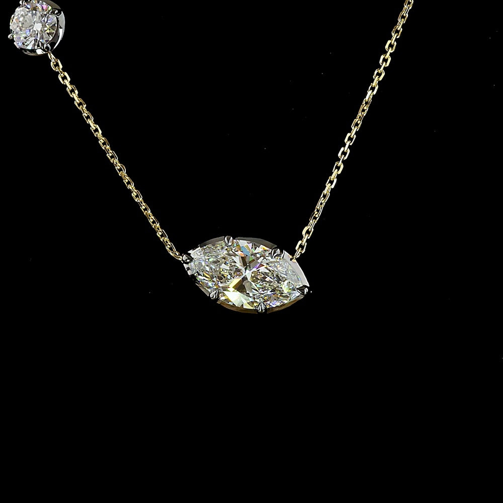 14K Yellow Gold Asymmetric Station Pendant with 2.80 Carats Marquise Cut Lab Diamond (F VVS2) with Black Rhodium Prongs and 0.74 Carats Brilliant Cut Lab Diamond Accent - Covaloro Fine Jewelry