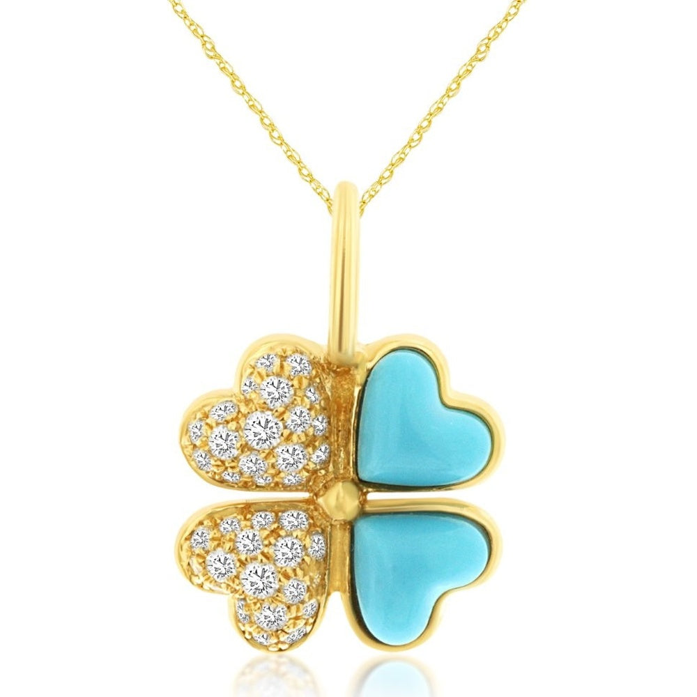 14K Yellow Gold Asymmetrical Four-Leaf Clover Pendant with Pave Round Diamonds and Cabochon Turquoise - 0.24 Carat Total Diamond Weight - Royal Jewelry