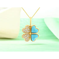 14K Yellow Gold Asymmetrical Four-Leaf Clover Pendant with Pave Round Diamonds and Cabochon Turquoise - 0.24 Carat Total Diamond Weight - Royal Jewelry