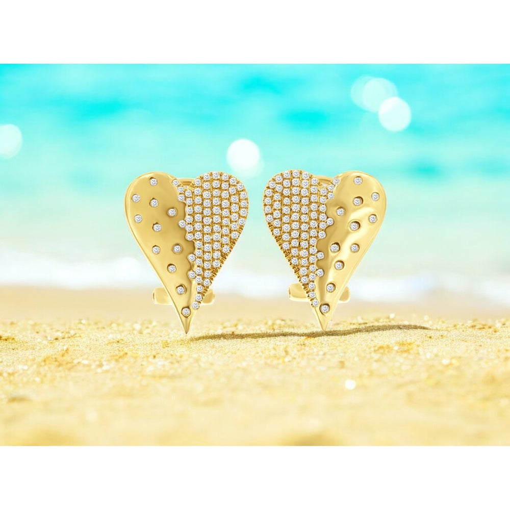 14K Yellow Gold Asymmetrical Heart Stud Earrings with Bead-Set Round Diamonds - 0.45 Carat Total Diamond Weight - Royal Jewelry