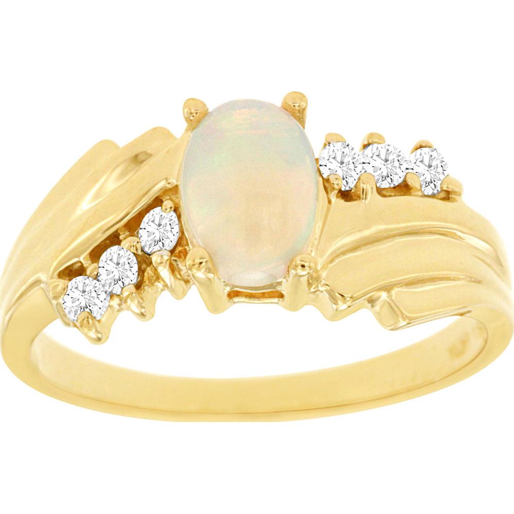 14K Yellow Gold Asymmetrical Opal and Diamond Ring – 0.50 Carat Oval Opal with 0.17 Carat Diamond Accents - Royal Jewelry