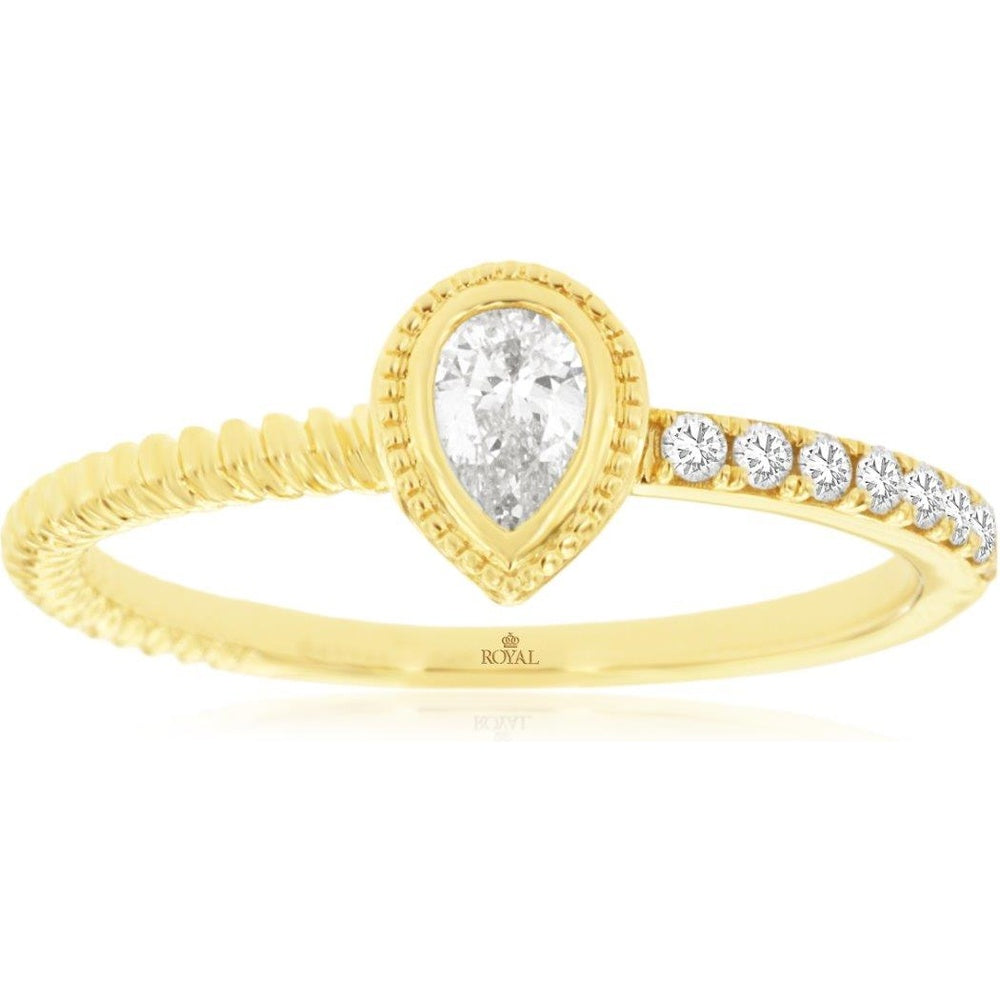 14K Yellow Gold Asymmetrical Pear-Shaped Diamond Ring with Milgrain Bezel and Bead-Set Accents - 0.30 Carat Total Diamond Weight - Royal Jewelry