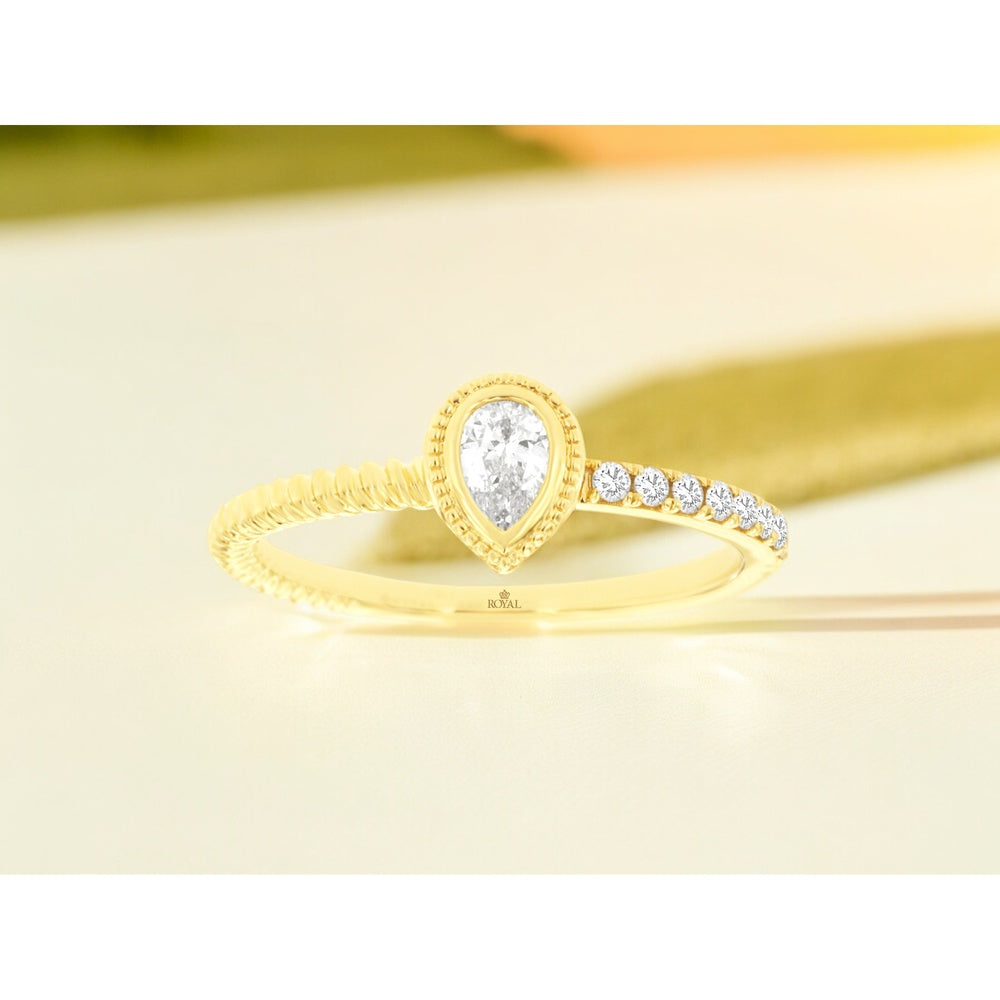 14K Yellow Gold Asymmetrical Pear-Shaped Diamond Ring with Milgrain Bezel and Bead-Set Accents - 0.30 Carat Total Diamond Weight - Royal Jewelry