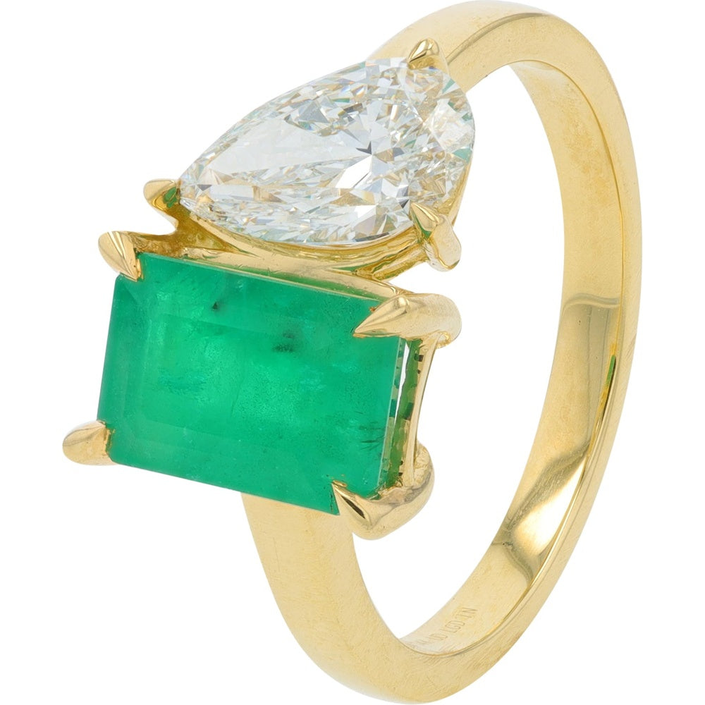 14K Yellow Gold Asymmetrical Two-Stone Ring with Pear Lab-Grown Diamond and Step-Cut Emerald - 1.00 Carat Emerald and 1.00 Carat Lab Diamond Total Weight
