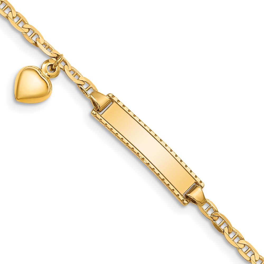 14K Yellow Gold Baby/Child ID Bracelet with Heart Charm and Polished Solid Anchor Link Chain - 6" Length by Oro Pregiato