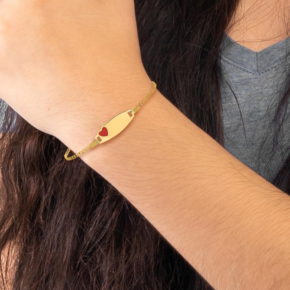 14K Yellow Gold Baby/Child ID Bracelet with Red Enameled Heart Charm - 5.5" Length by Oro Pregiato