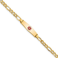 14K Yellow Gold Baby/Child Medical ID Bracelet with Red Enamel Medical Alert Charm and Figaro Link - 6" by Oro Pregiato