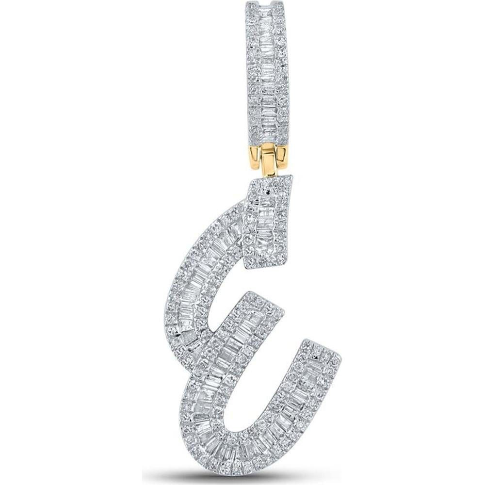 14K Yellow Gold Baguette and Round Diamond E Initial Letter Charm Pendant - 3/4 Carat Total Diamond Weight