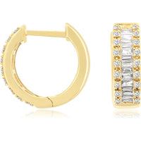 14K Yellow Gold Baguette and Round Diamond Huggie Hoop Earrings - 0.40 Carat Total Diamond Weight - Royal Jewelry