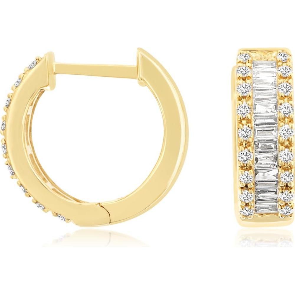 14K Yellow Gold Baguette and Round Diamond Huggie Hoop Earrings - 0.40 Carat Total Diamond Weight - Royal Jewelry