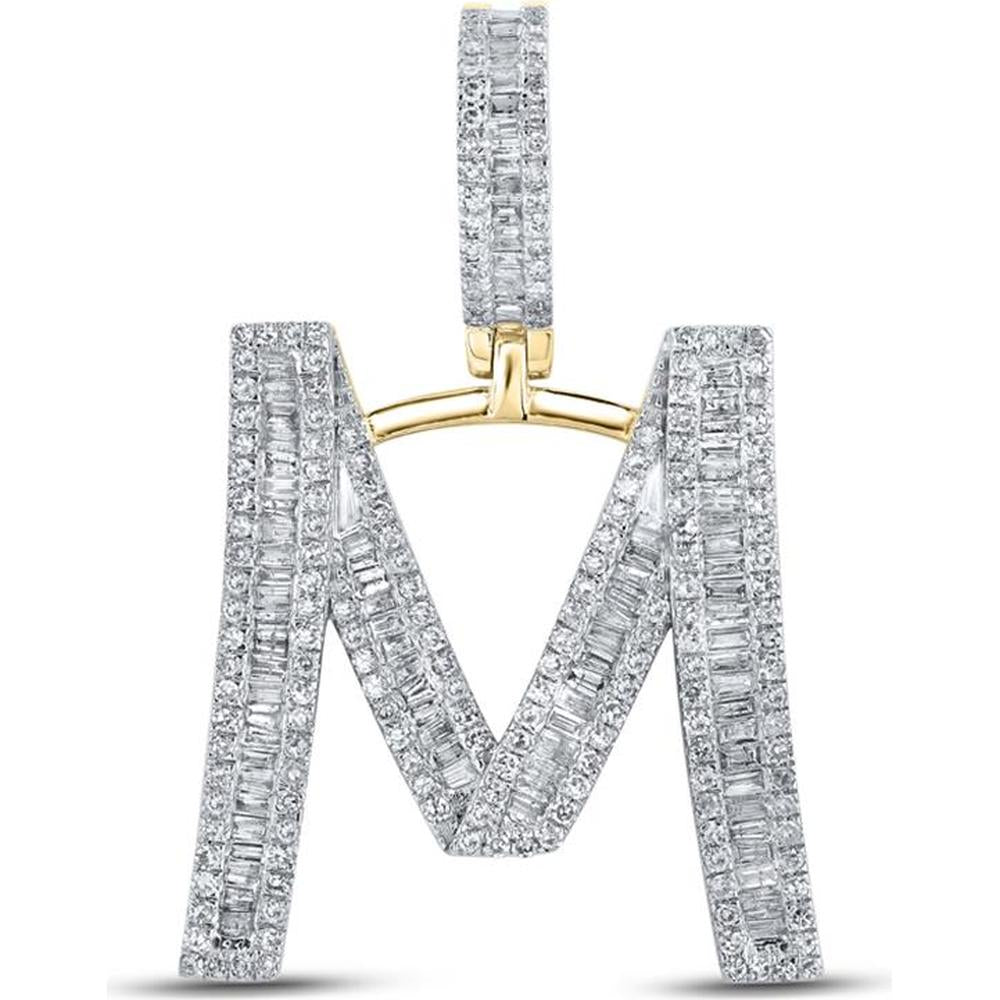 14K Yellow Gold Baguette and Round Diamond "M" Initial Charm Pendant - 1.08 Carat Total Diamond Weight