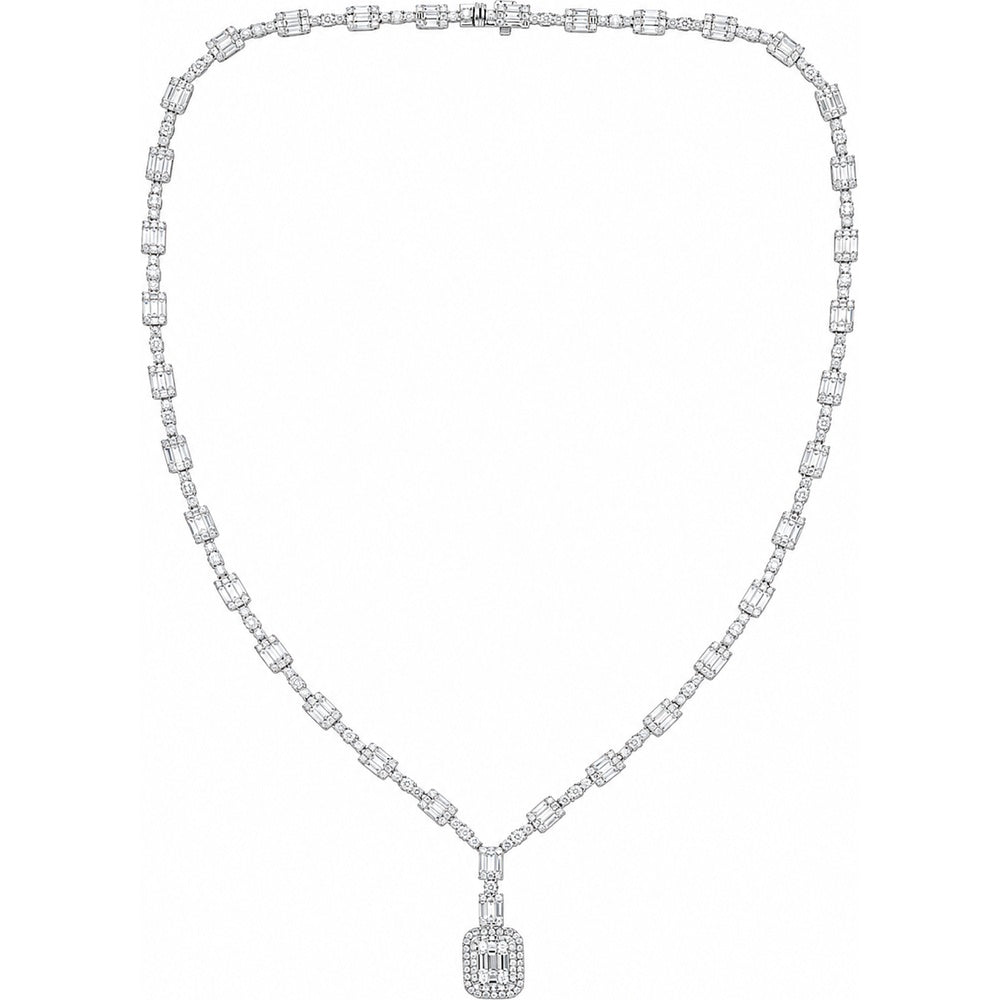 14K Yellow Gold Baguette and Round Diamond Tennis Necklace with Halo Pendant - 7.10 Carat Total Diamond Weight by Auriventus