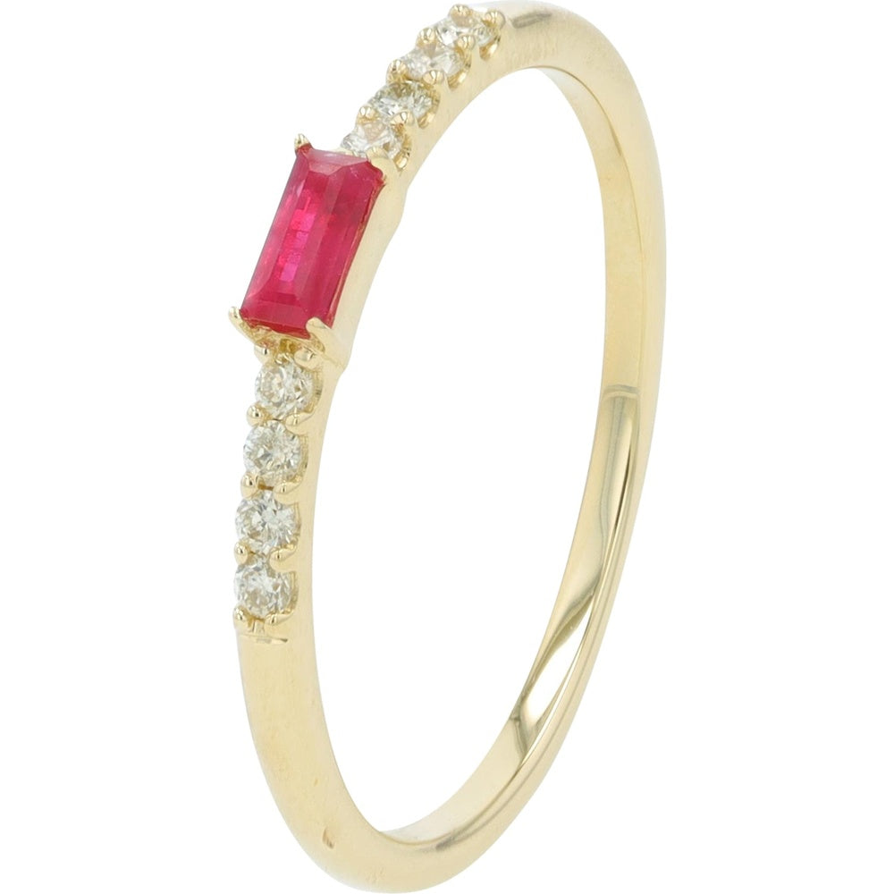 14K Yellow Gold Baguette-Cut Ruby Band with Round Diamond Accents - 0.15 Carat Ruby and 0.10 Carat Total Diamond Weight