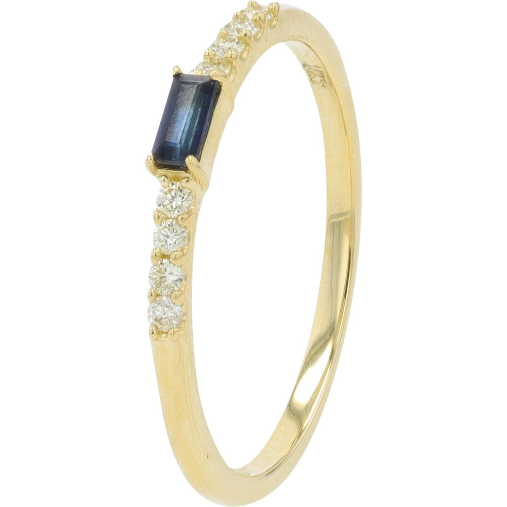 14K Yellow Gold Baguette-Cut Sapphire Band with Prong-Set Round Diamond Accents - 0.15 Carat Total Sapphire Weight and 0.10 Carat Total Diamond Weight