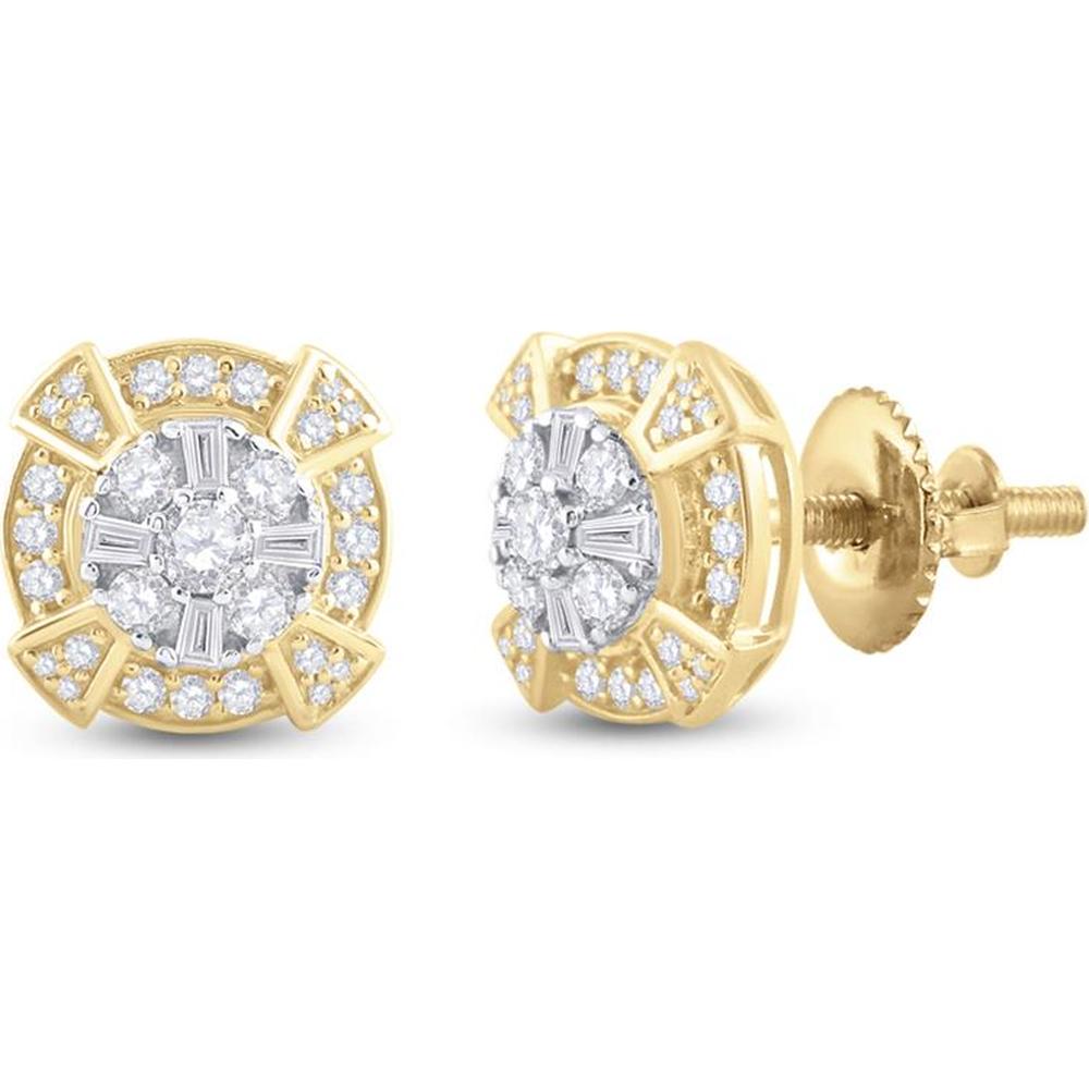 14K Yellow Gold Baguette Diamond Circle Cluster Earrings - 3/4 Carat Total Diamond Weight