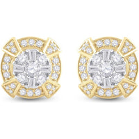 14K Yellow Gold Baguette Diamond Circle Cluster Earrings - 3/4 Carat Total Diamond Weight