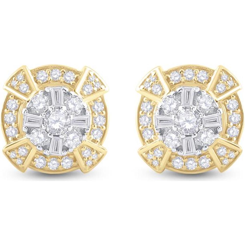 14K Yellow Gold Baguette Diamond Circle Cluster Earrings - 3/4 Carat Total Diamond Weight
