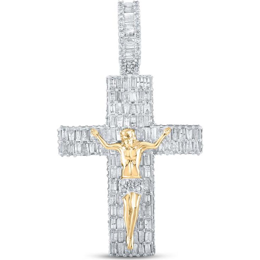 14K Yellow Gold Baguette Diamond Jesus Cross Crucifix Pendant - 3.87 Carat Total Diamond Weight