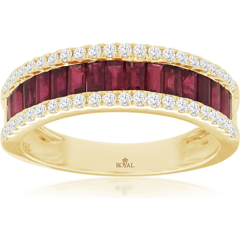 14K Yellow Gold Baguette Ruby and Round Diamond Ring - 1.48 Carat Ruby and 0.33 Carat Total Diamond Weight - Royal Jewelry