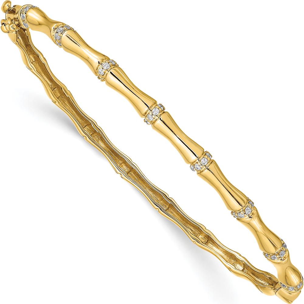 14K Yellow Gold Bamboo Design Diamond Bangle Bracelet with Hinged Clasp - 1/4 Carats Total Diamond Weight by Monteluci Fine Jewelry