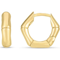 14K Yellow Gold Bamboo Huggie Hoop Earrings - 16mm Polished Snap Clasp Hoops by Orozza Fine Jewelry
