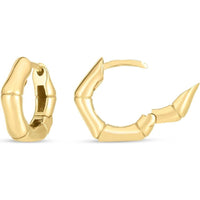 14K Yellow Gold Bamboo Huggie Hoop Earrings - 16mm Polished Snap Clasp Hoops by Orozza Fine Jewelry