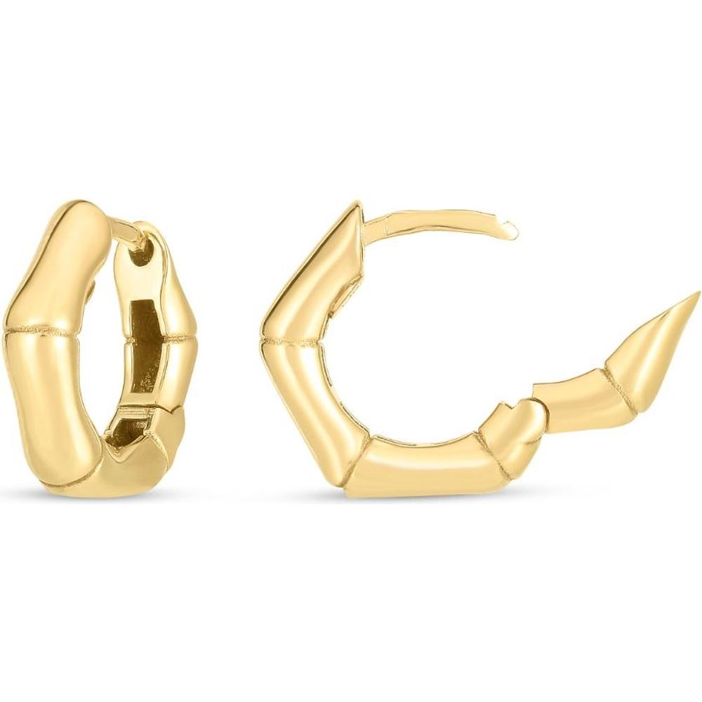 14K Yellow Gold Bamboo Huggie Hoop Earrings - 16mm Polished Snap Clasp Hoops by Orozza Fine Jewelry