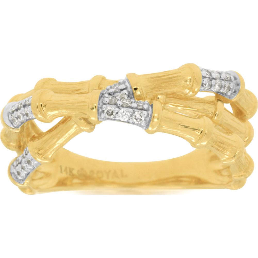 14K Yellow Gold Bamboo Motif Band Ring with Pavé Set Round Diamonds - 0.20 Carat Total Diamond Weight - Royal Jewelry