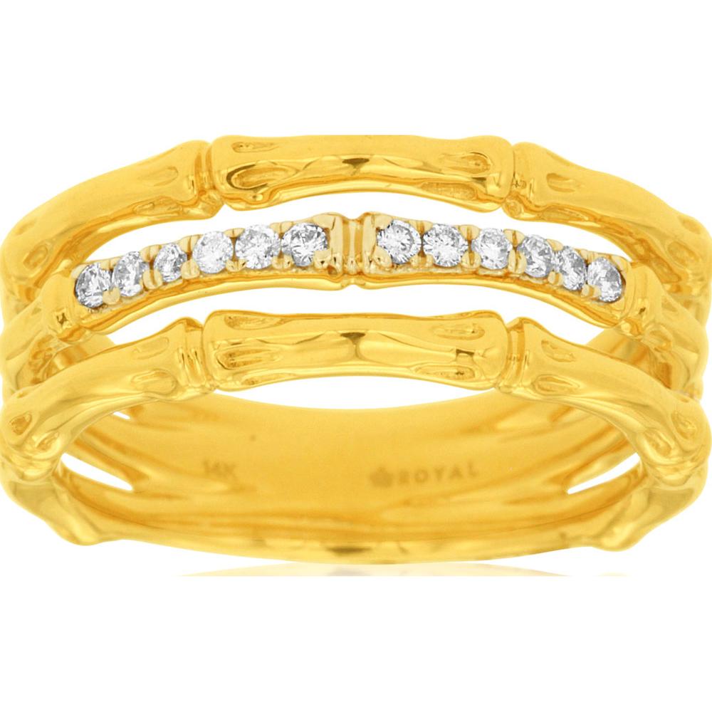 14K Yellow Gold Bamboo Style Band Ring with Round Diamonds - 0.12 Carat Total Diamond Weight - Royal Jewelry