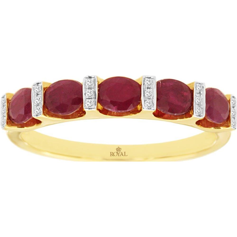 14K Yellow Gold Band Ring with Oval Rubies and Round Diamond Accents - 1.20 Carat Total Ruby Weight and 0.05 Carat Total Diamond Weight - Royal Jewelry