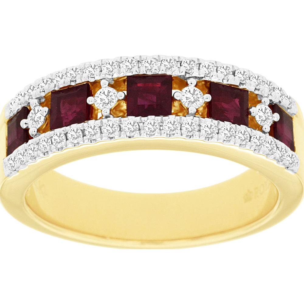 14K Yellow Gold Band Ring with Princess Cut Rubies and Round Diamonds - 1.08 Carat Total Ruby Weight, 0.32 Carat Total Diamond Weight - Royal Jewelry