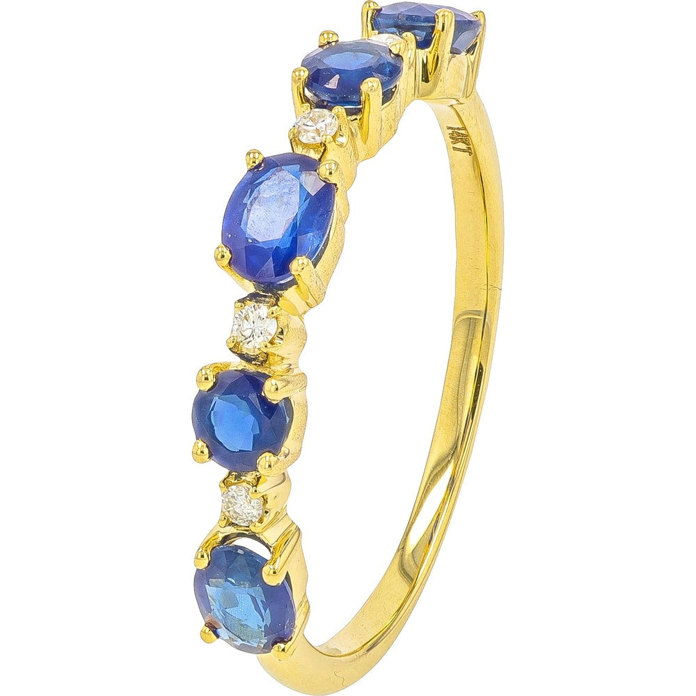 14K Yellow Gold Band with Alternating Prong-Set Oval Sapphires and Round Diamonds - 0.75-1.00 Carat Total Sapphire Weight and 0.04 Carat Total Diamond Weight