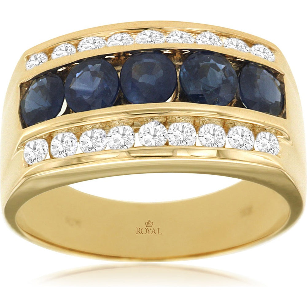 14K Yellow Gold Band with Channel-Set Round Sapphires and Round Diamonds - 1.50 Carat Total Sapphire Weight and 0.66 Carat Total Diamond Weight - Royal Jewelry