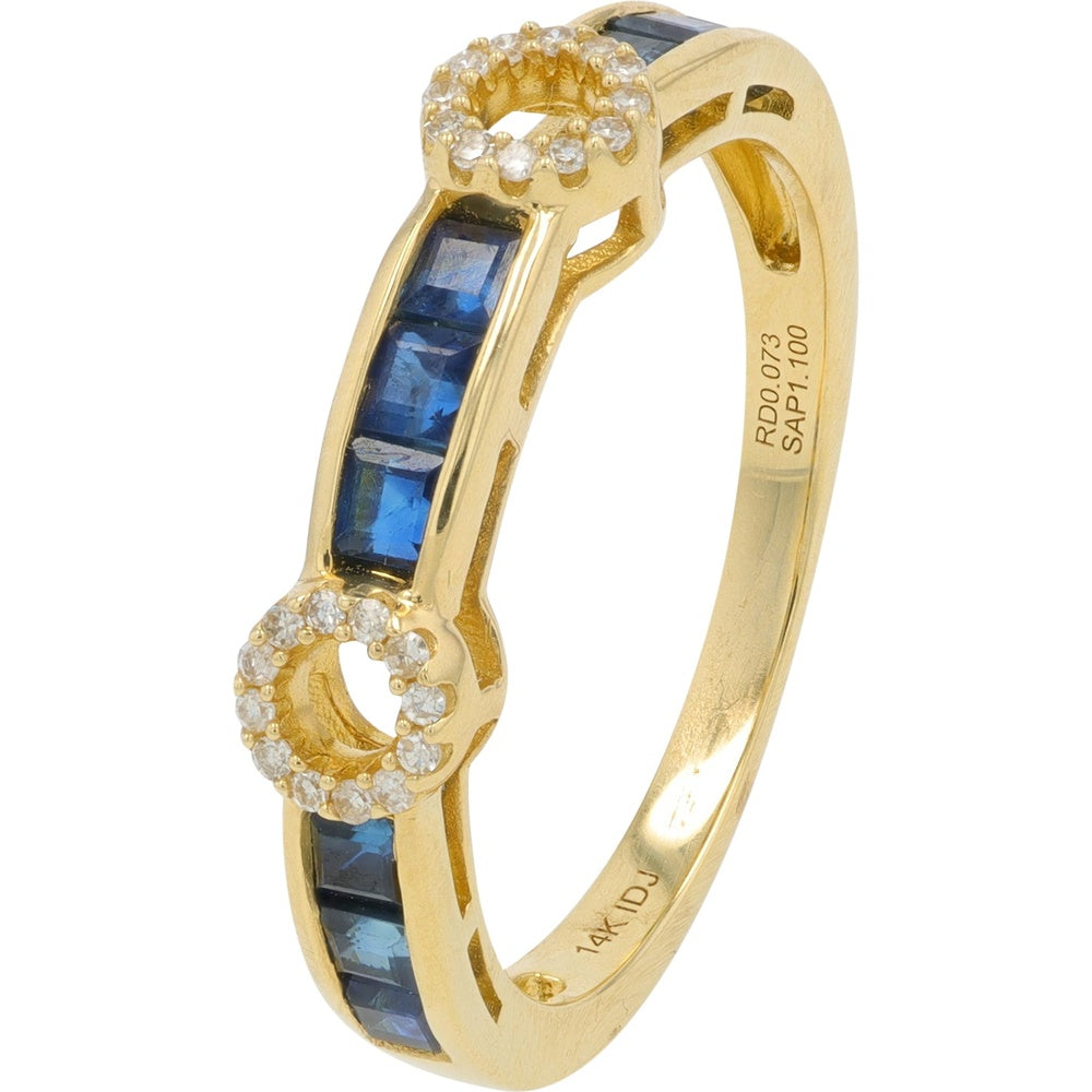14K Yellow Gold Band with Channel-Set Square Sapphires and Halo-Set Round Diamond Accents - 0.07 Carat Total Diamond Weight