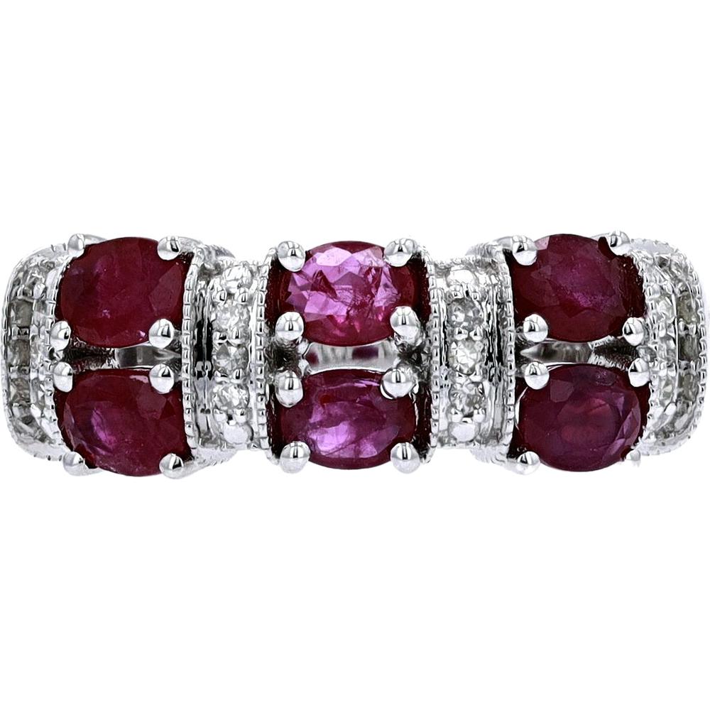 14K Yellow Gold Band with Cushion Cut Rubies and Diamond Accents - 0.06 Carat Total Diamond Weight