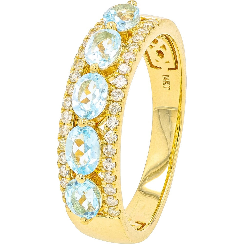 14K Yellow Gold Band with Five Oval-Cut Sky Blue Topaz and Diamond Accents - 1.15 Carat Total Topaz Weight and 0.25 Carat Total Diamond Weight