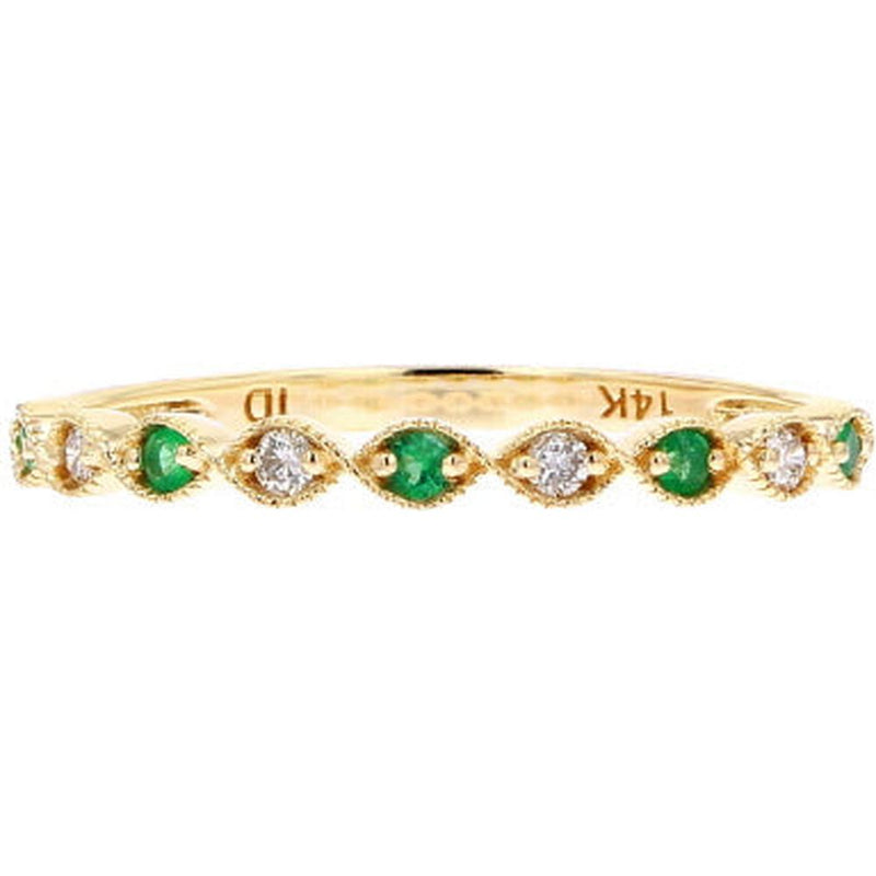 14K Yellow Gold Band with Milgrain Bezel Set Round Emeralds and Diamonds - 0.08 Carats Emeralds, 0.06 Carats Diamonds