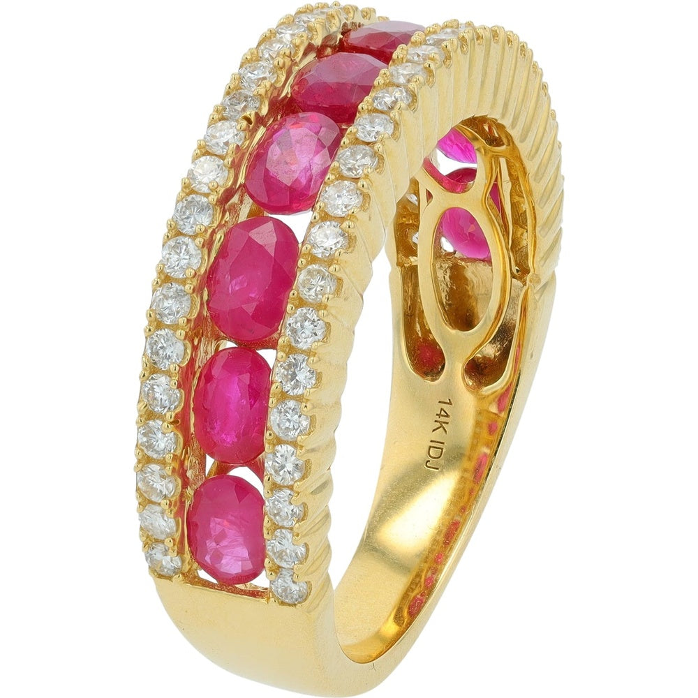 14K Yellow Gold Band with Oval-Cut Rubies and Round Diamond Borders - 1.50 Carat to 1.85 Carat Total Ruby Weight, 0.50 Carat Total Diamond Weight
