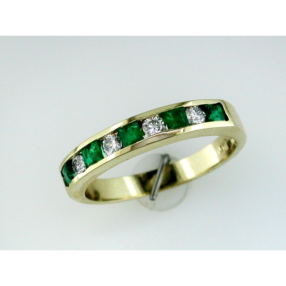 14K Yellow Gold Band with Princess-Cut Emeralds and Round Diamonds - 0.40 Carat Total Emerald Weight and 0.24 Carat Total Diamond Weight - Royal Jewelry