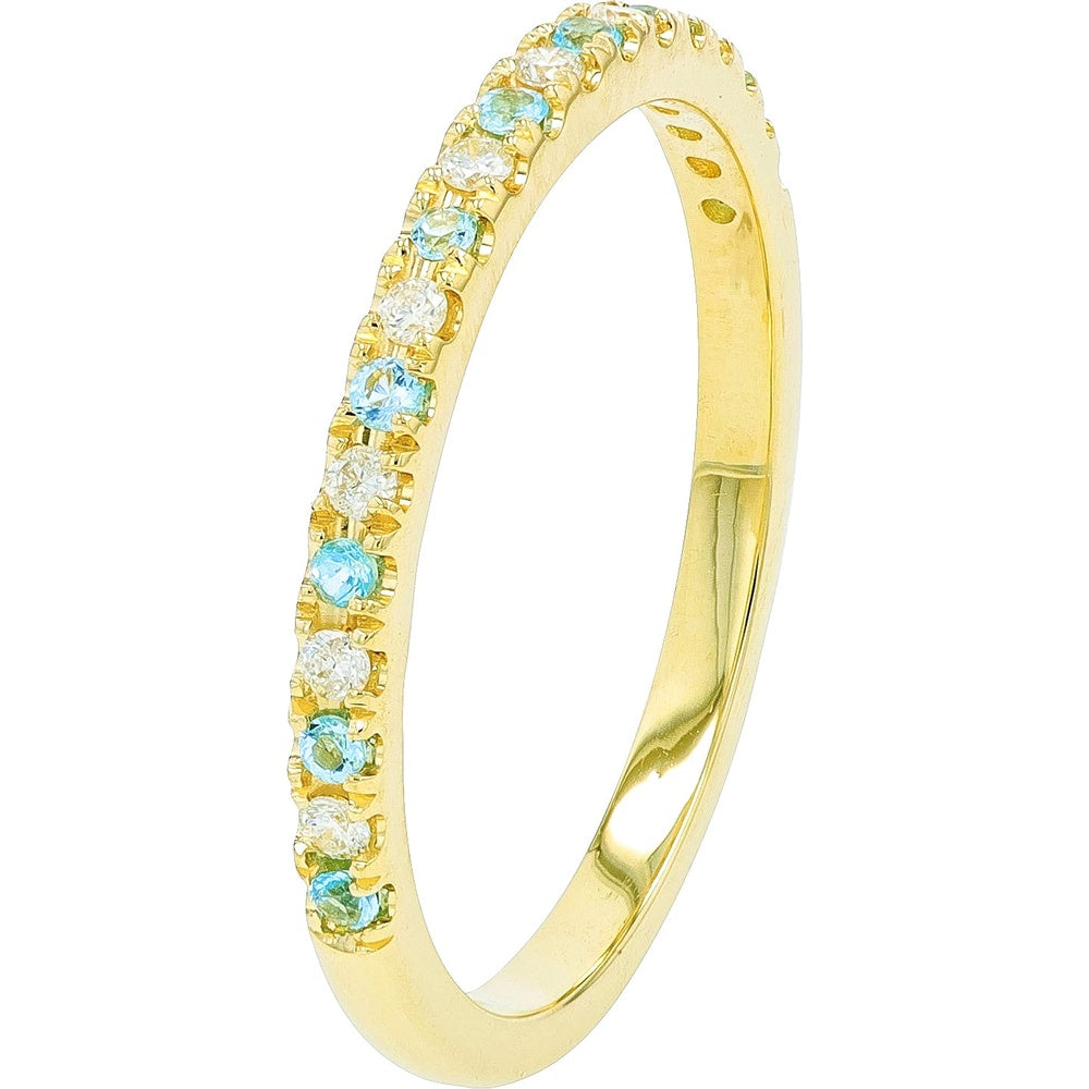 14K Yellow Gold Band with Round Sky Blue Topaz and Diamond Accents - 0.12 Carat Total Topaz Weight, 0.10 Carat Total Diamond Weight
