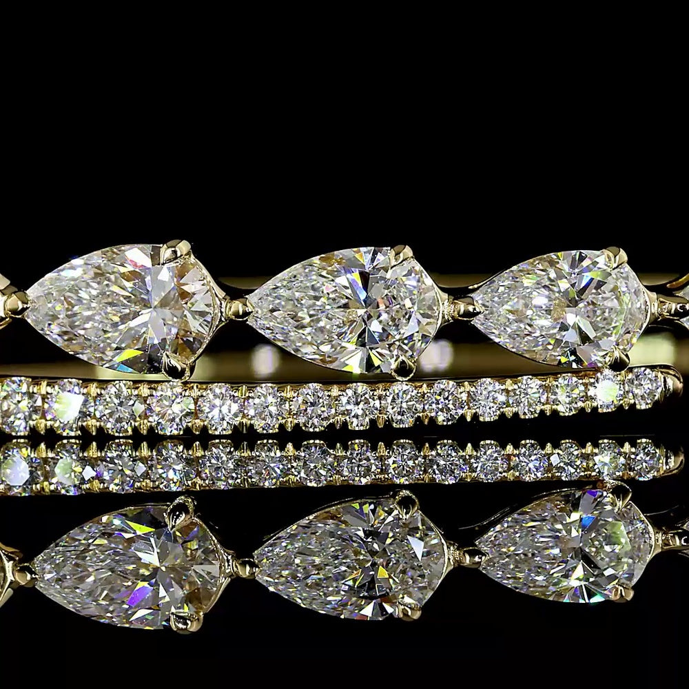 14K Yellow Gold Bangle Bracelet with East-West Set Pear Shape Lab Grown Diamonds and Diamond Bar Accent - 2.14 Carats Total Weight - Covaloro Fine Jewelry