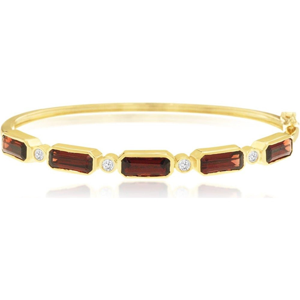 14K Yellow Gold Bangle Bracelet with Emerald-Cut Garnets and Round Diamond Accents - 8.00 Carat Total Garnet Weight and 0.16 Carat Total Diamond Weight - Royal Jewelry