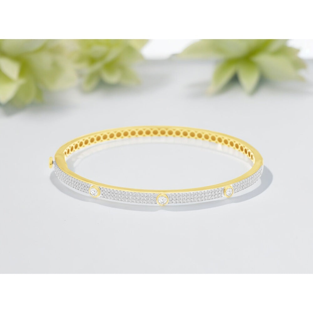 14K Yellow Gold Bangle Bracelet with Micro-Pavé and Bezel-Set Round Diamonds - 1.30 Carat Total Diamond Weight - Royal Jewelry