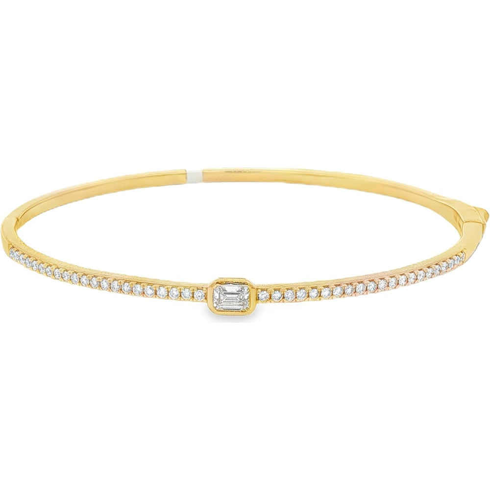 14K Yellow Gold Bangle with Bezel-Set Emerald Cut Diamond and Prong-Set Round Diamond Accents - 0.70 Carat Total Diamond Weight by Auriventus