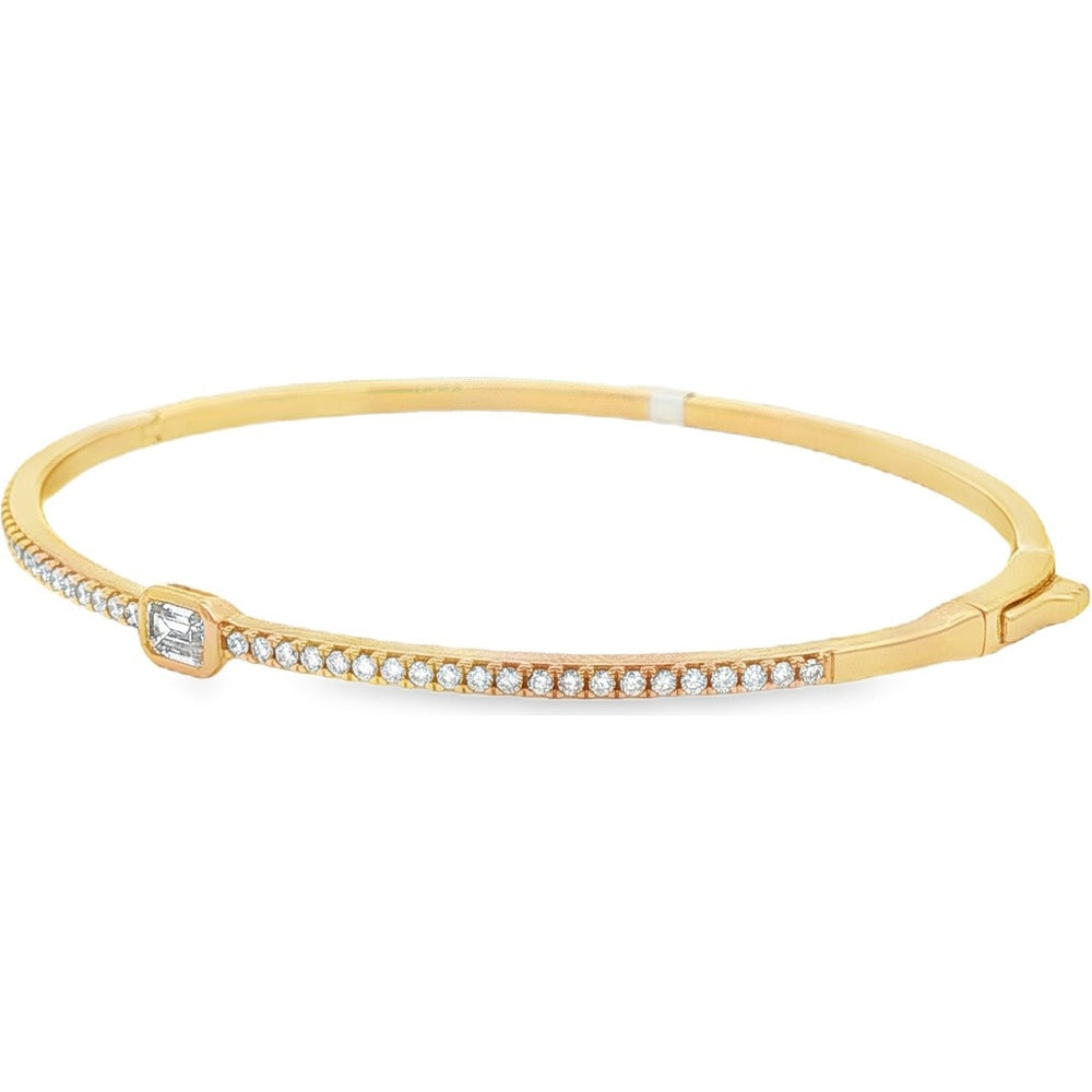 14K Yellow Gold Bangle with Bezel-Set Emerald Cut Diamond and Prong-Set Round Diamond Accents - 0.70 Carat Total Diamond Weight by Auriventus