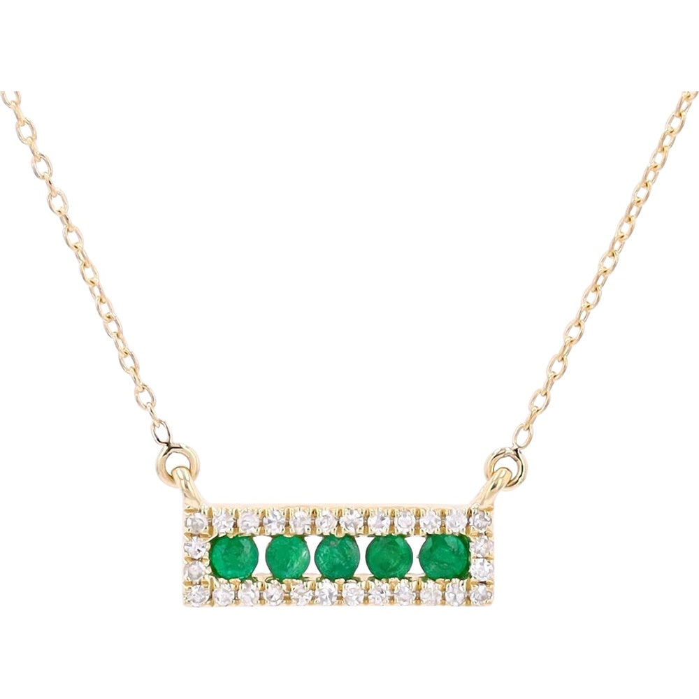 14K Yellow Gold Bar Necklace with Round Emeralds and Diamond Halo - 0.15 Carat Total Diamond Weight