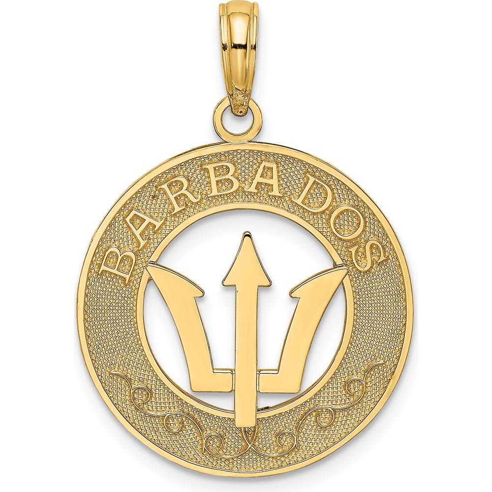 14K Yellow Gold Barbados Circle Pendant with Textured Finish and Trident Symbol by Oro Pregiato